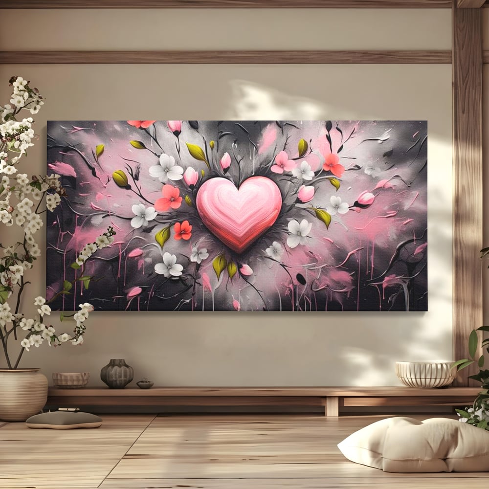 Tablou canvas cu tablou canvas cu inima roz si flori, fara rama, pe sasiu de lemn